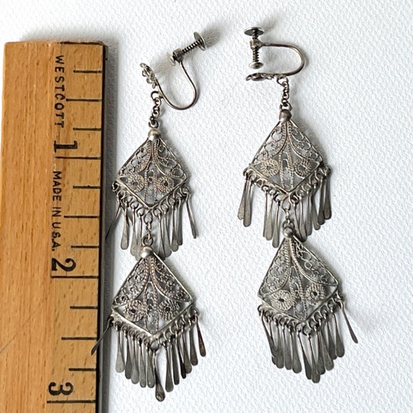 Vintage Silver Wire 2 3/4” Long Jasper Stone Teardrop Fringe Chandelier Earrings - Picture 4 of 5